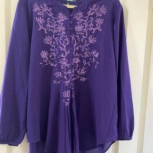 Purple, gauzy, 18w, sequined, pleated shirt